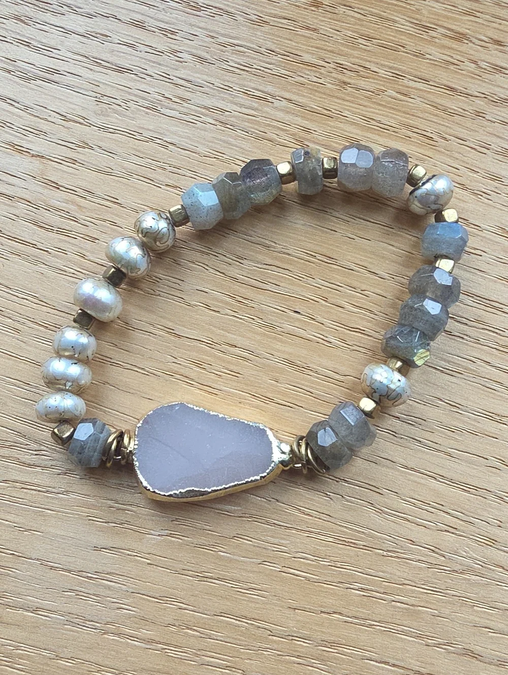 Artisan Labradorite & Lavender Druzy Quartz Beaded Stretch Bracelet
